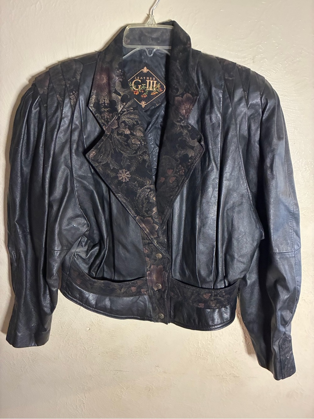 Vintage Floral Trim Black Leather Jacket Bomer -80s